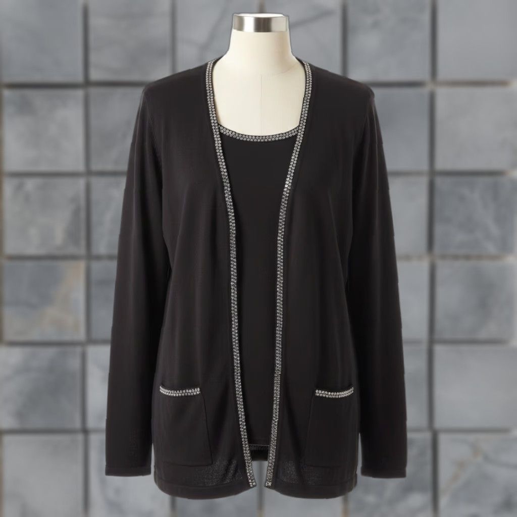 Quacker Factory Vintage Quaker Factory Black Rhinestone Zip Cardigan Sweater Set M Glam Sparkle Holi