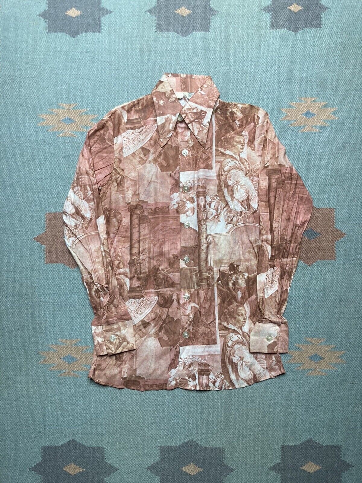 Vintage Vtg 60s 70s Picture Print Shirt Disco Dagger Collar Small