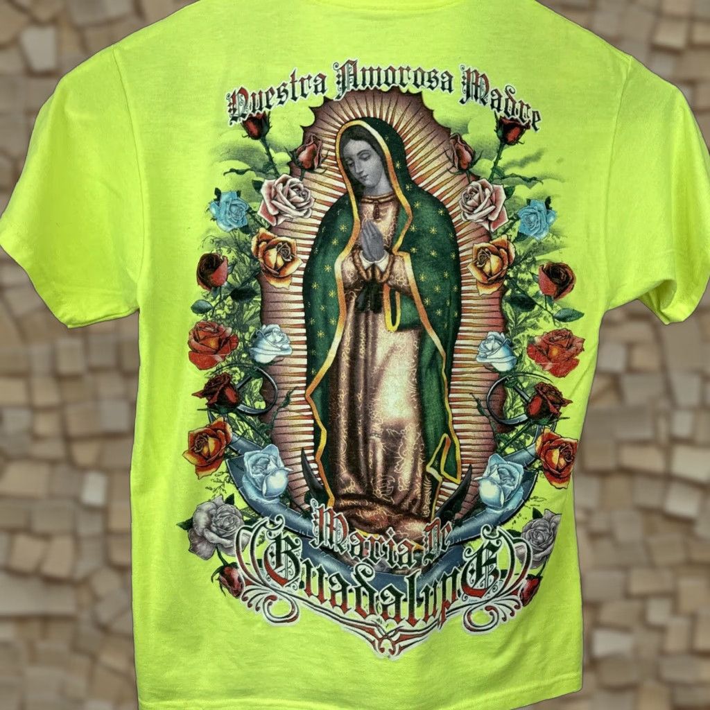 Vintage Jerzees Virgin Mary T Shirt Large Safety Green 90s Religious Mens Hoodie, Sweatshirt | FlexRushtees.com
