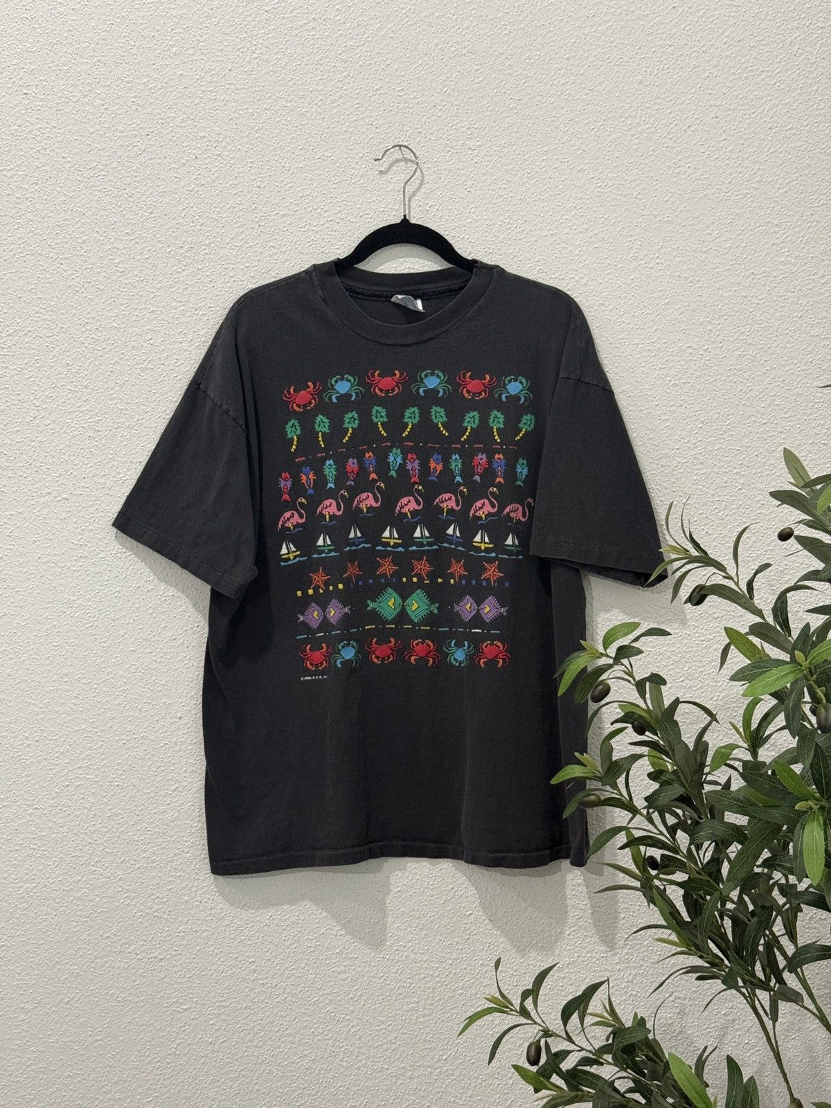 Hanes Vintage 90s Tropical Beach Graphic Tee Crabs Palm Trees Xl