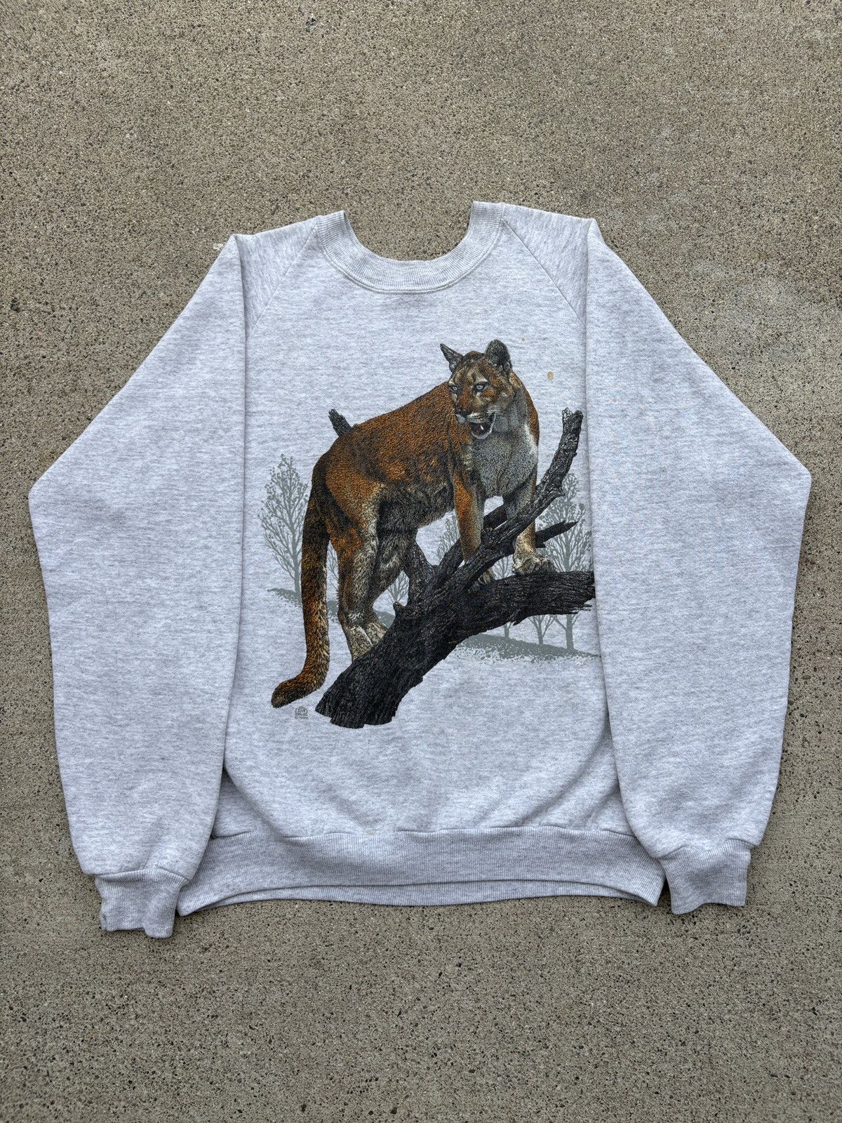Vintage 1990 Jerzees Cougar On A Tree Grey Sweater Size Xl
