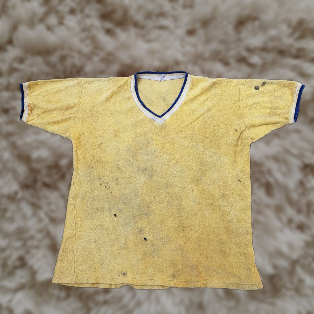 Vintage Pennleigh Shirt Mens Medium Yellow Cotton Terry Cloth V Neck Short Sleeve T Shirt 19
