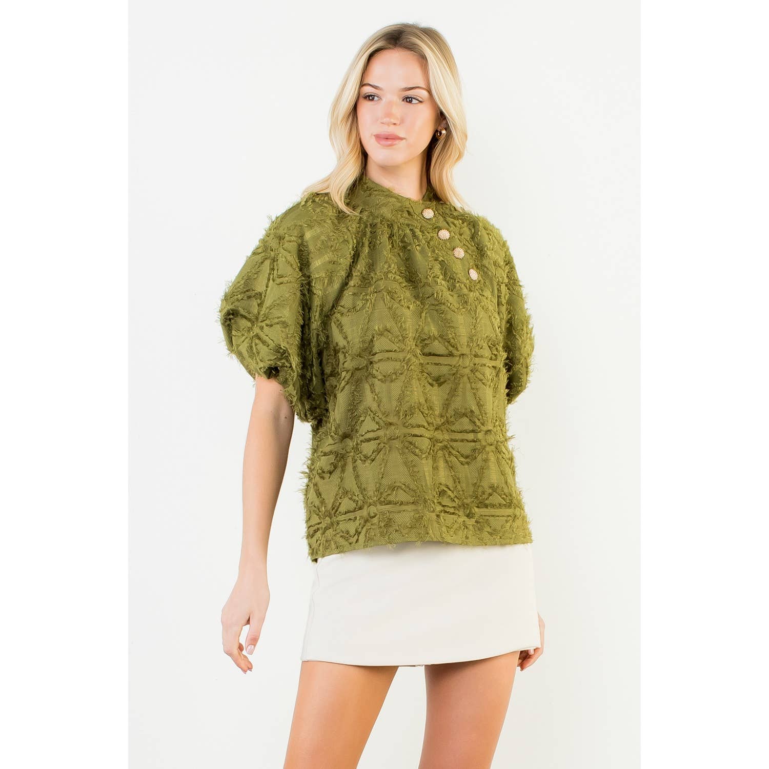 Frayed Jacquard Puff Sleeve Top
