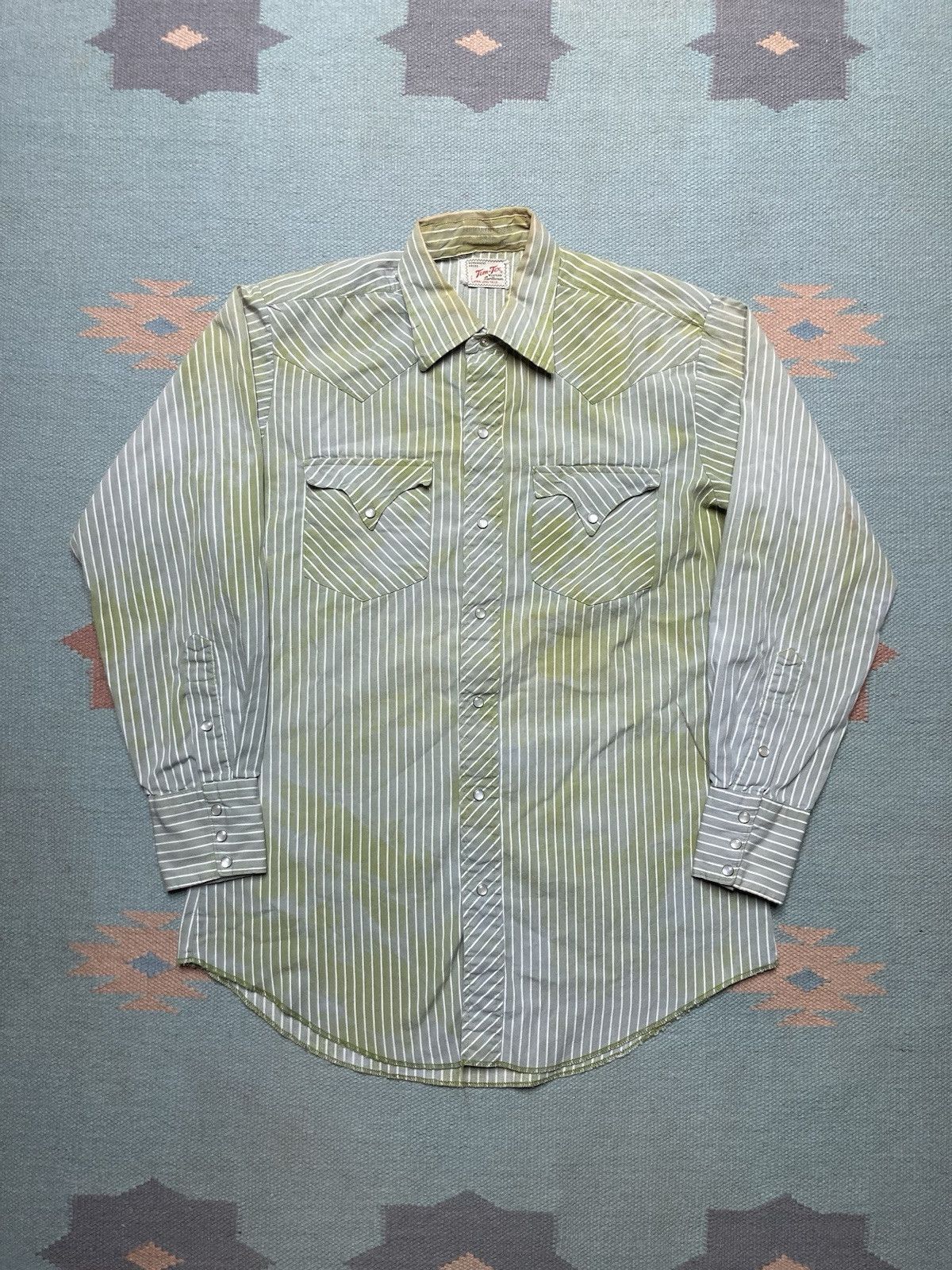 Vintage Vtg 60s Western Shirt Tem Tex Pearl Snap Faded Green Medium