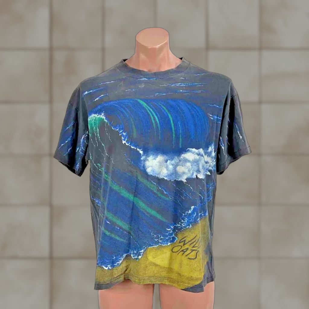 Vintage Wild Oats T Shirt 90s Ocean Wave Aop All Over Print Crew Neck L Men Multicolor 80s 9