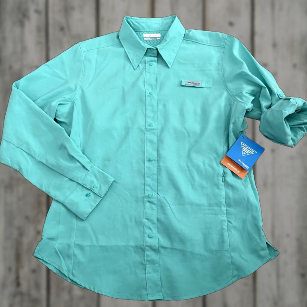 Vintage Columbia Crystal Springs Long Sleeve Shirt Womens Medium Green Regular Fit New