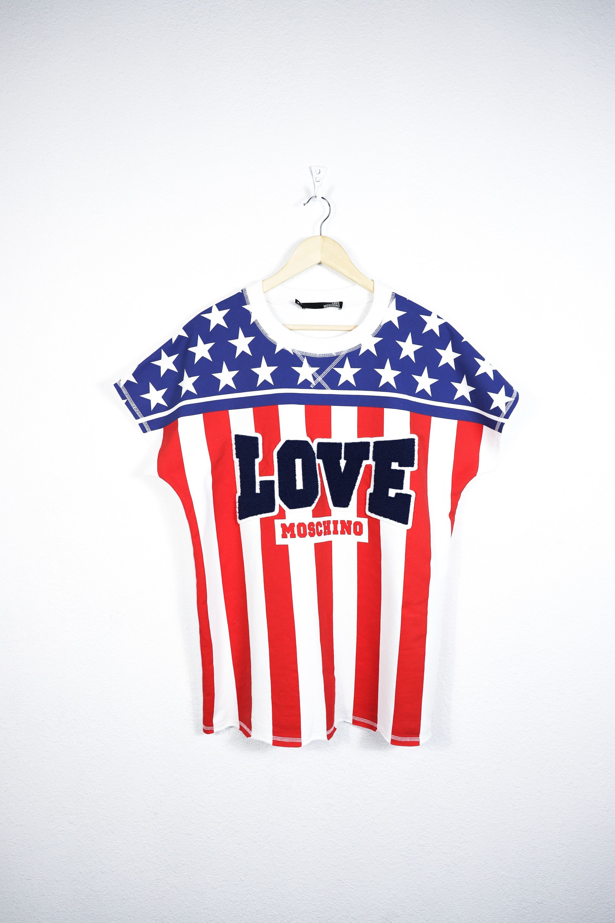 Moschino Love Embroidered Flag Graphic Print Tee T Shirt Hoodie, Sweatshirt | FlexRushtees.com