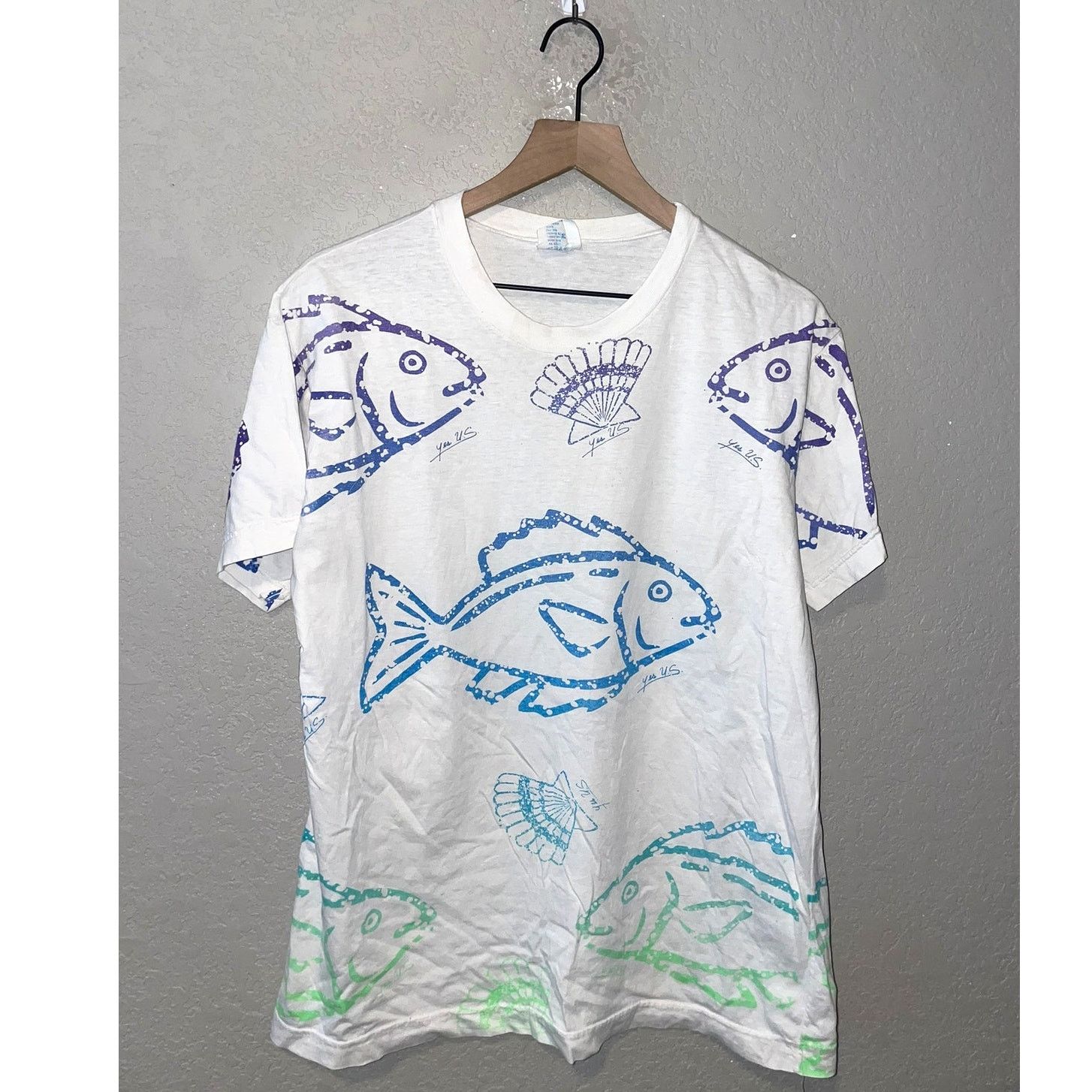 Vintage Tropical Fish Shirt Aop Yes Beach Shell Tee 90s