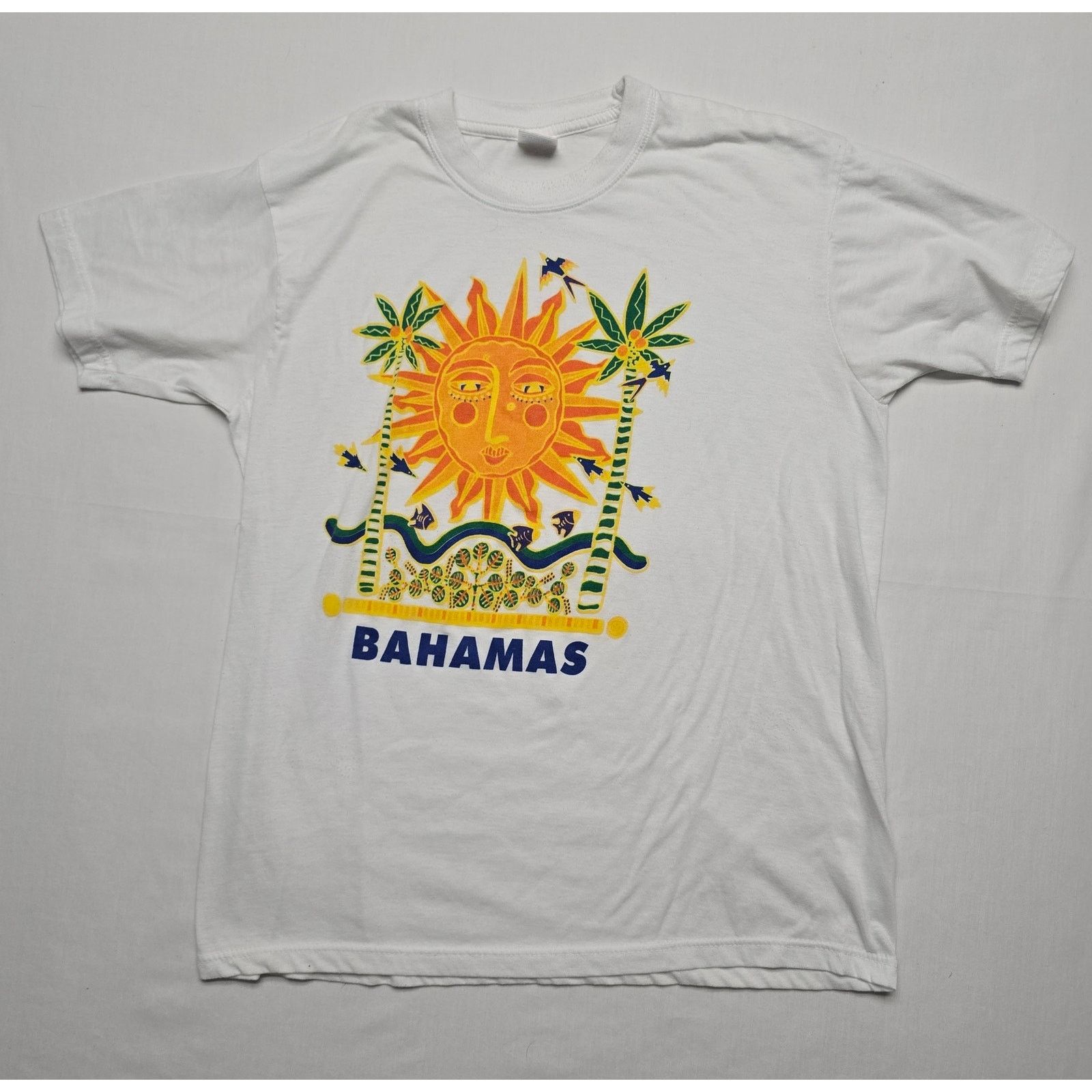 Vintage Bahamas Shirt Large Sun Graphic Tropical White Tee