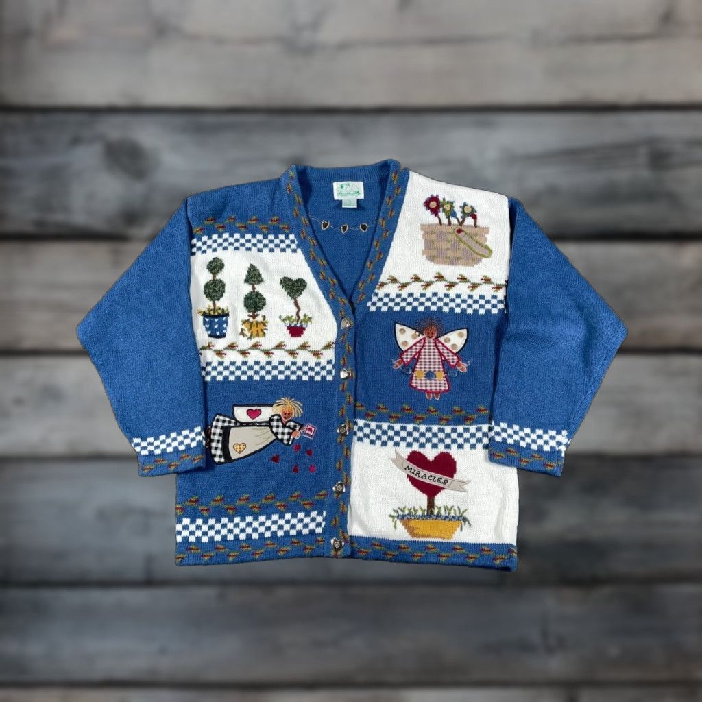 Quacker Factory Grandma Style Angels Cardigan Women S Medium Blue Chunky Knit Miracles Cottage
