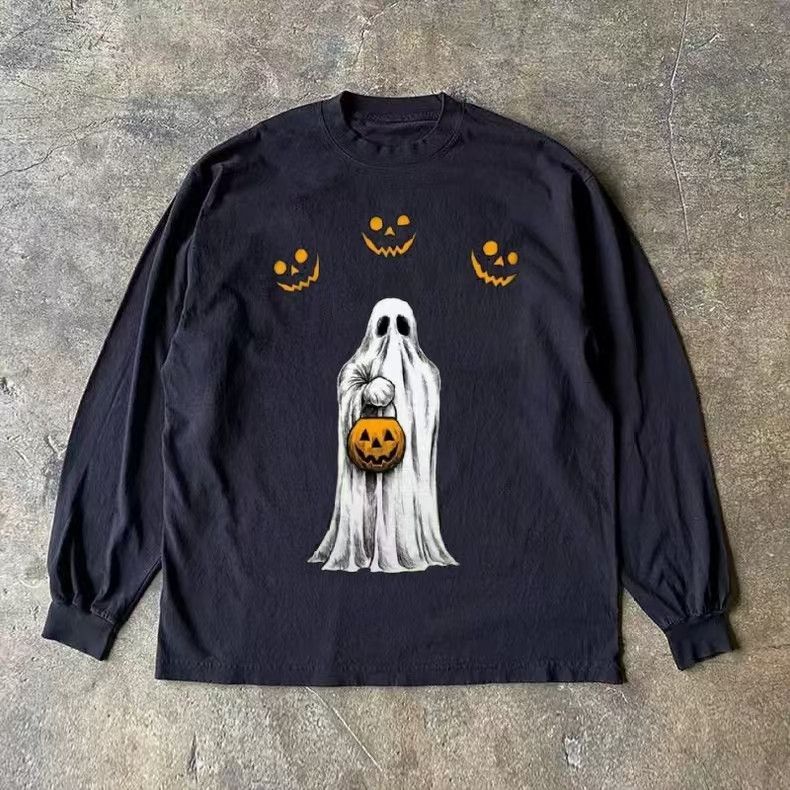Vintage Black Washed Retro Halloween Ghost Print T Shirt