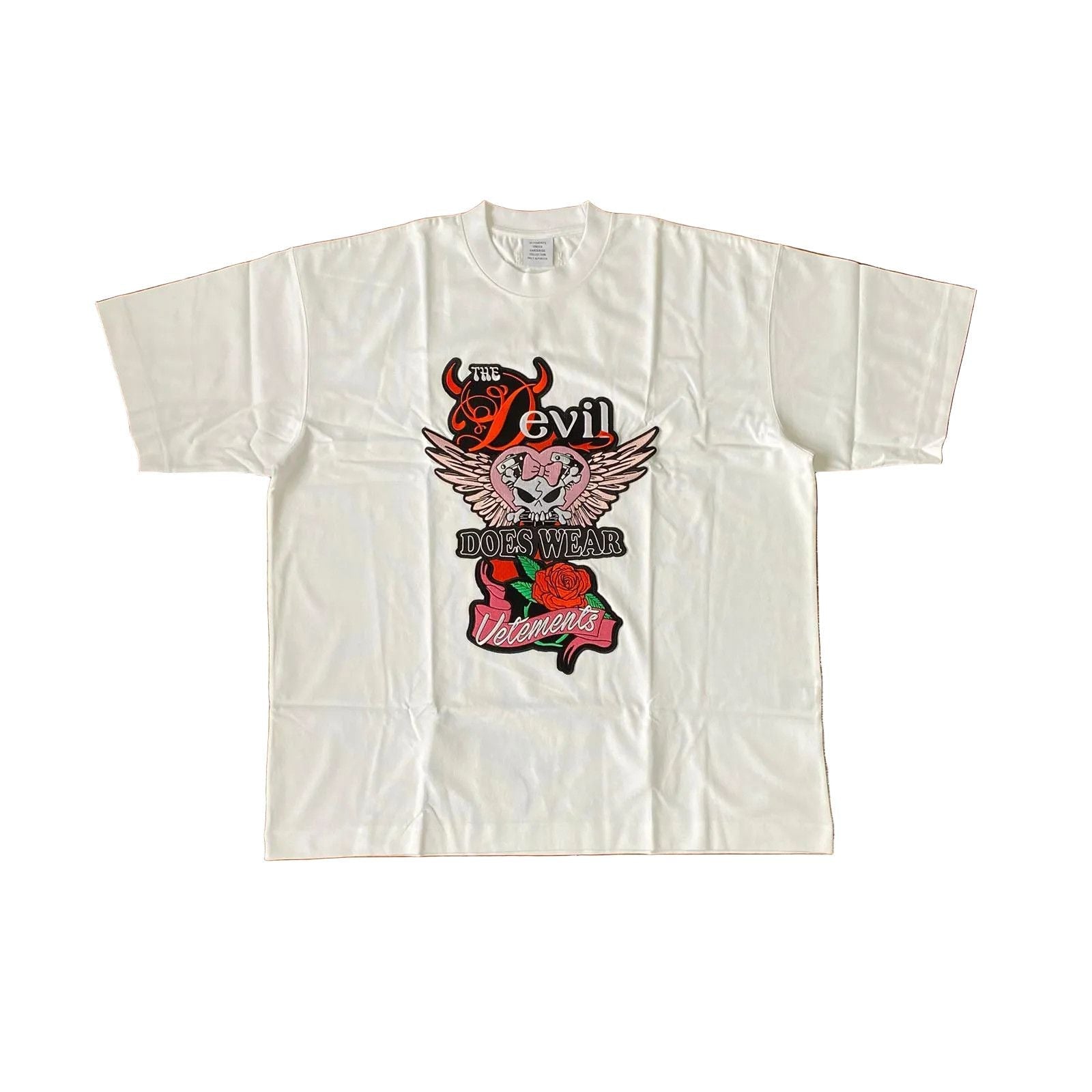 Vetements White Devil Wears Vetements Embroidered Oversized T Shirt Hoodie, Sweatshirt | FlexRushtees.com