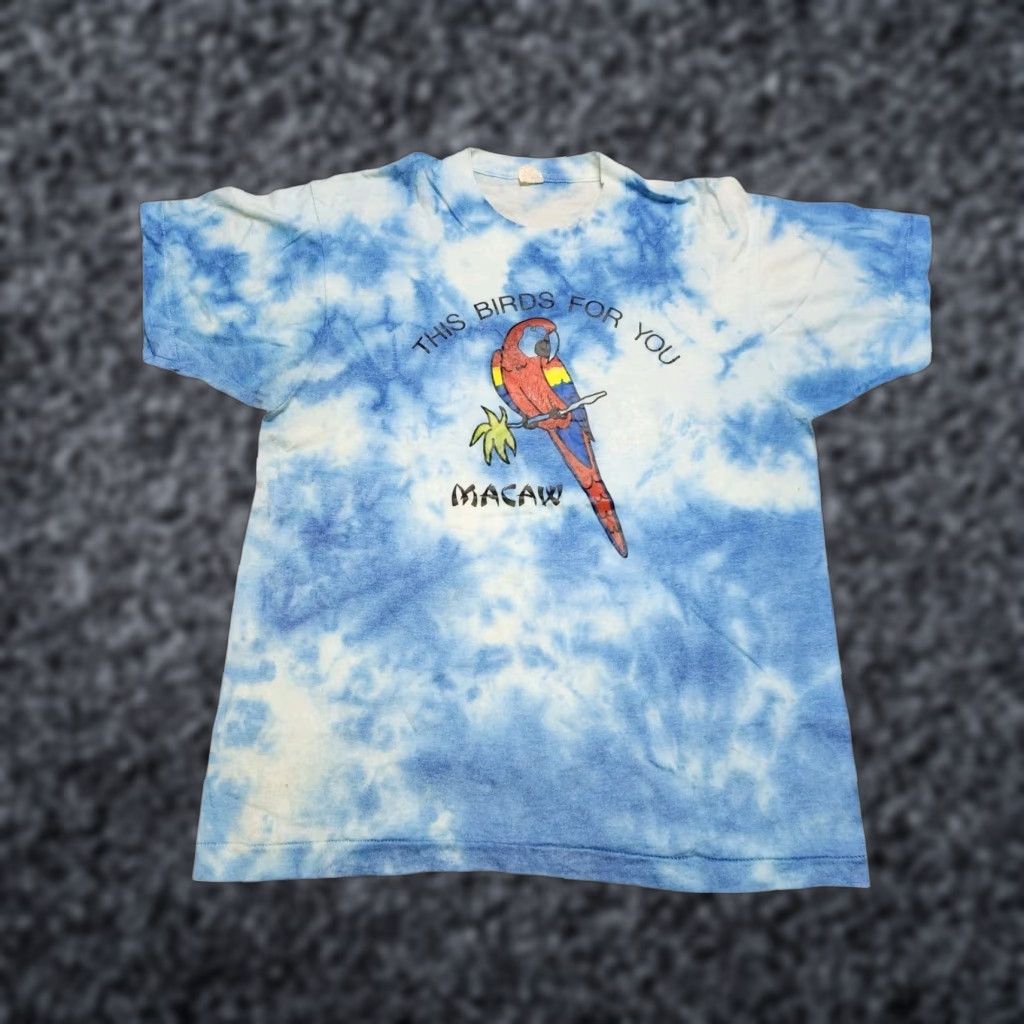 Vintage 70s Screen Stars T Shirt Men Medium Short Sleeve Cotton Blend Blue Waves Bird Design