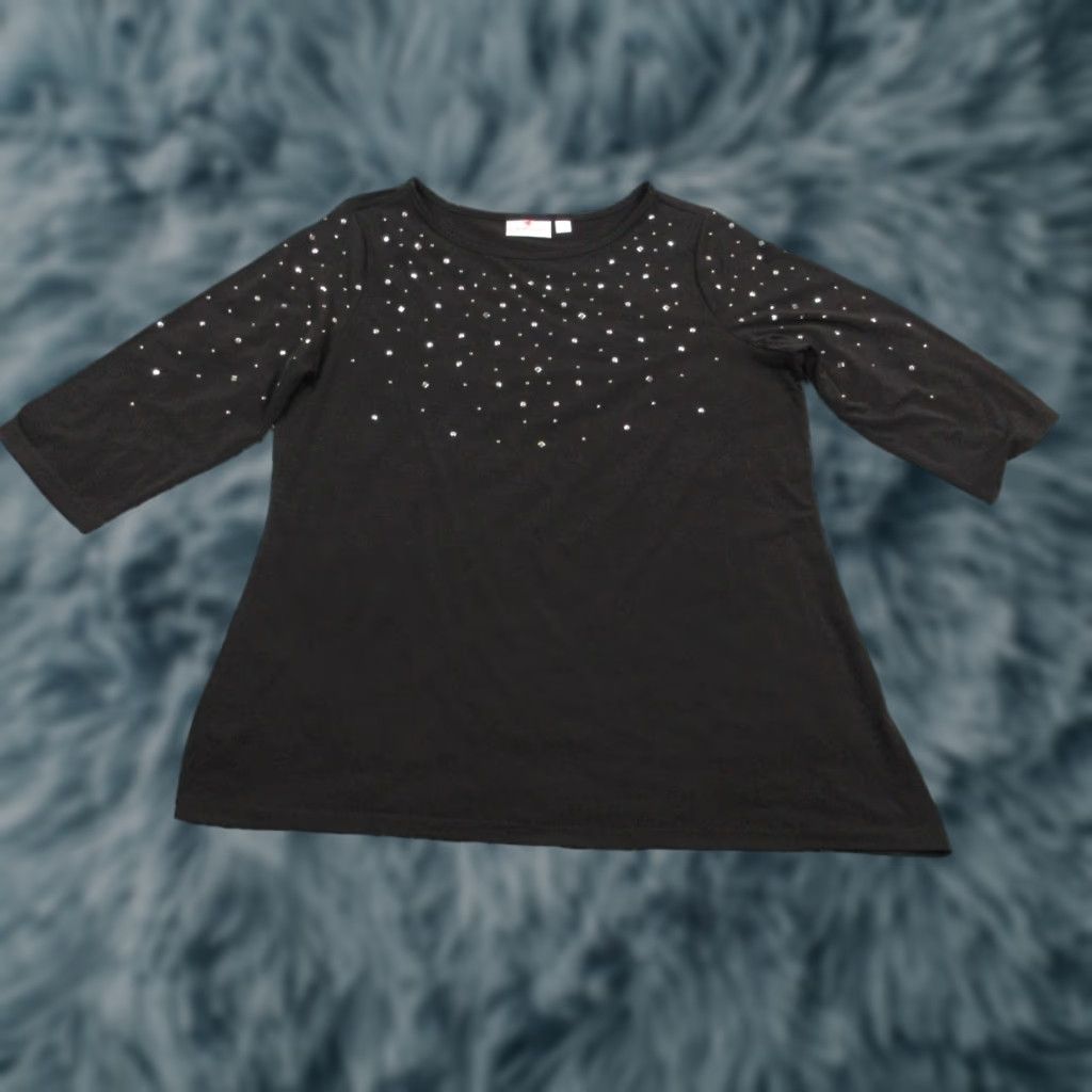 Factory Quacker Factory Shirt Womens Large Black 3 4 Sleeve Studded Pullover Top Sparkle