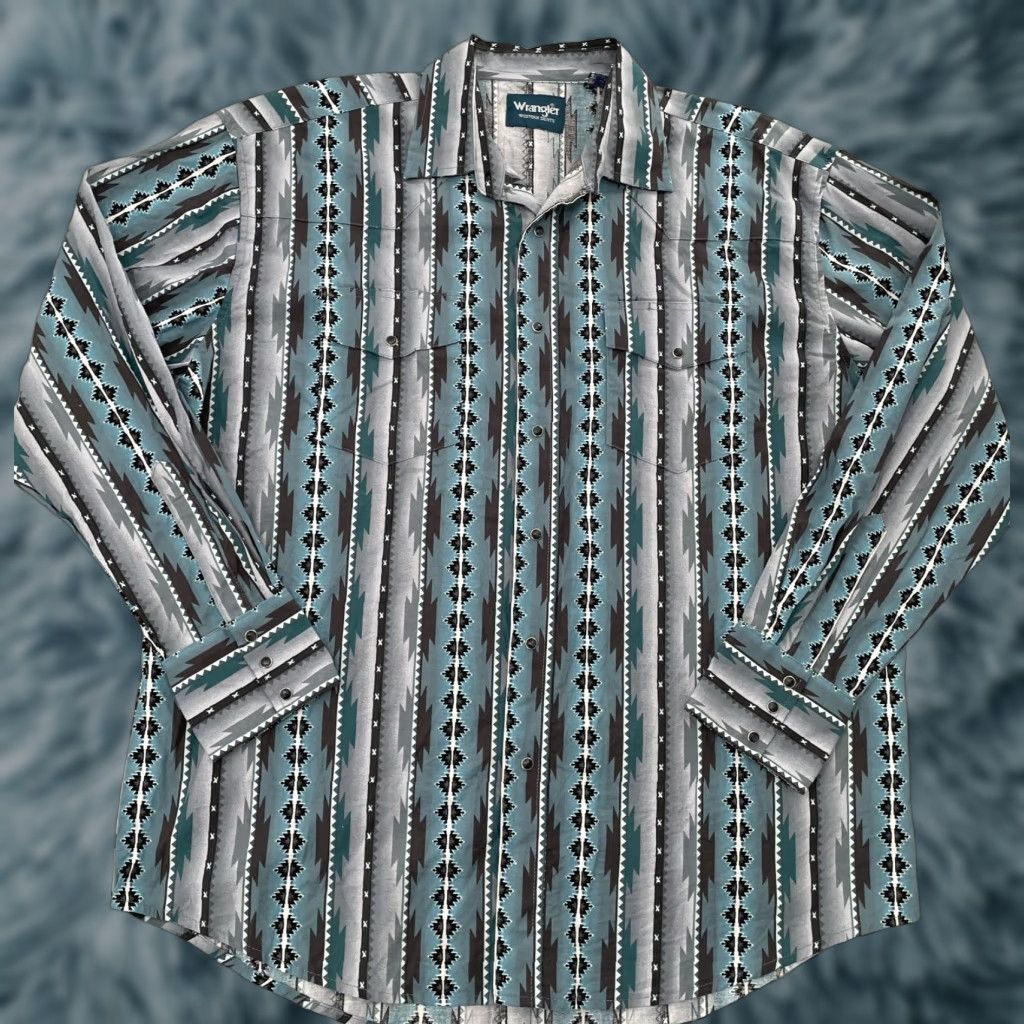 Vintage Wrangler Aztec Western Shirt Adult Xl Green Geometric Long Sleeve Pearl Snap Mens