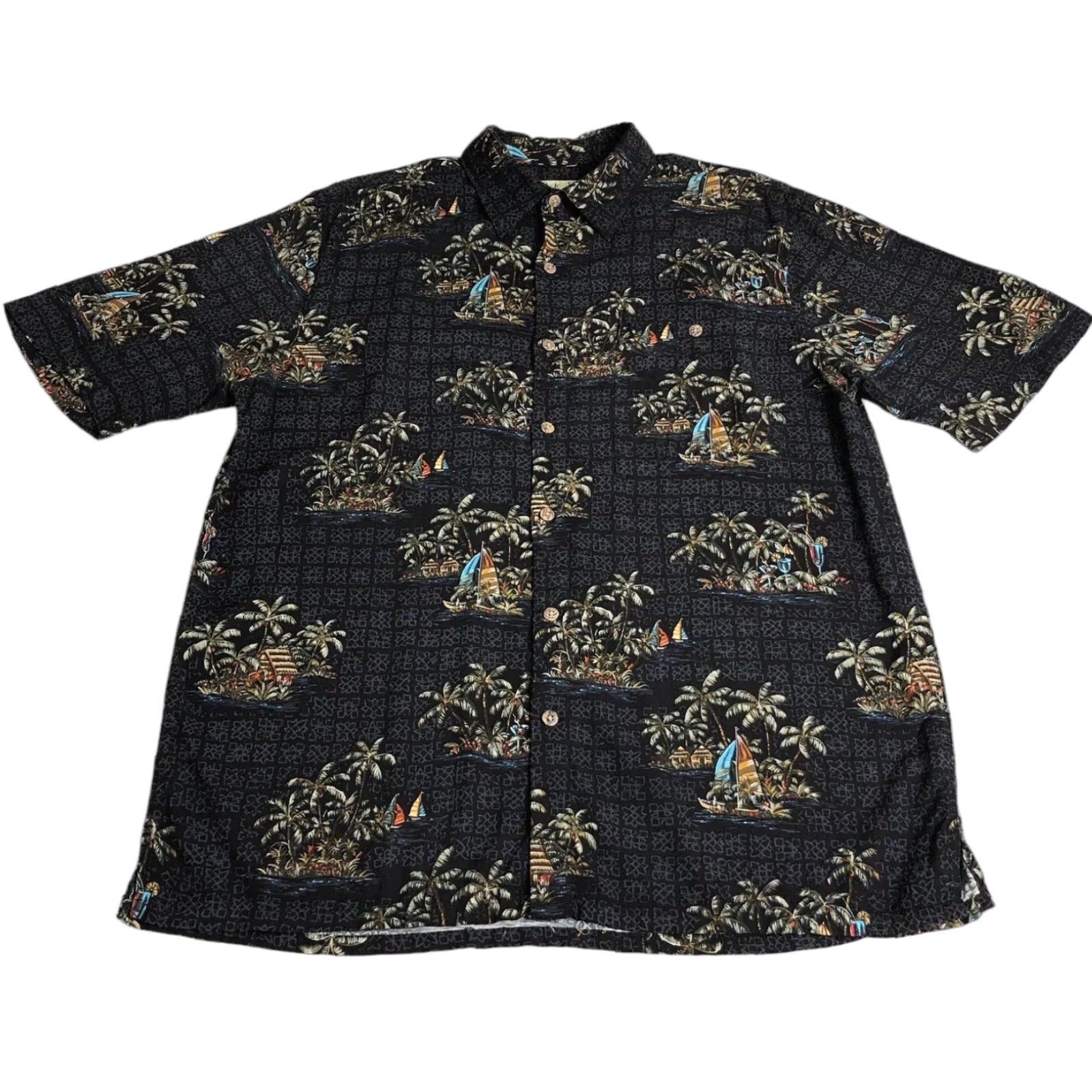 Vintage Batik Bay Shirt M Black Hawaiian Palm Tropical Aloha Boat Hut Camp Rayon Mens