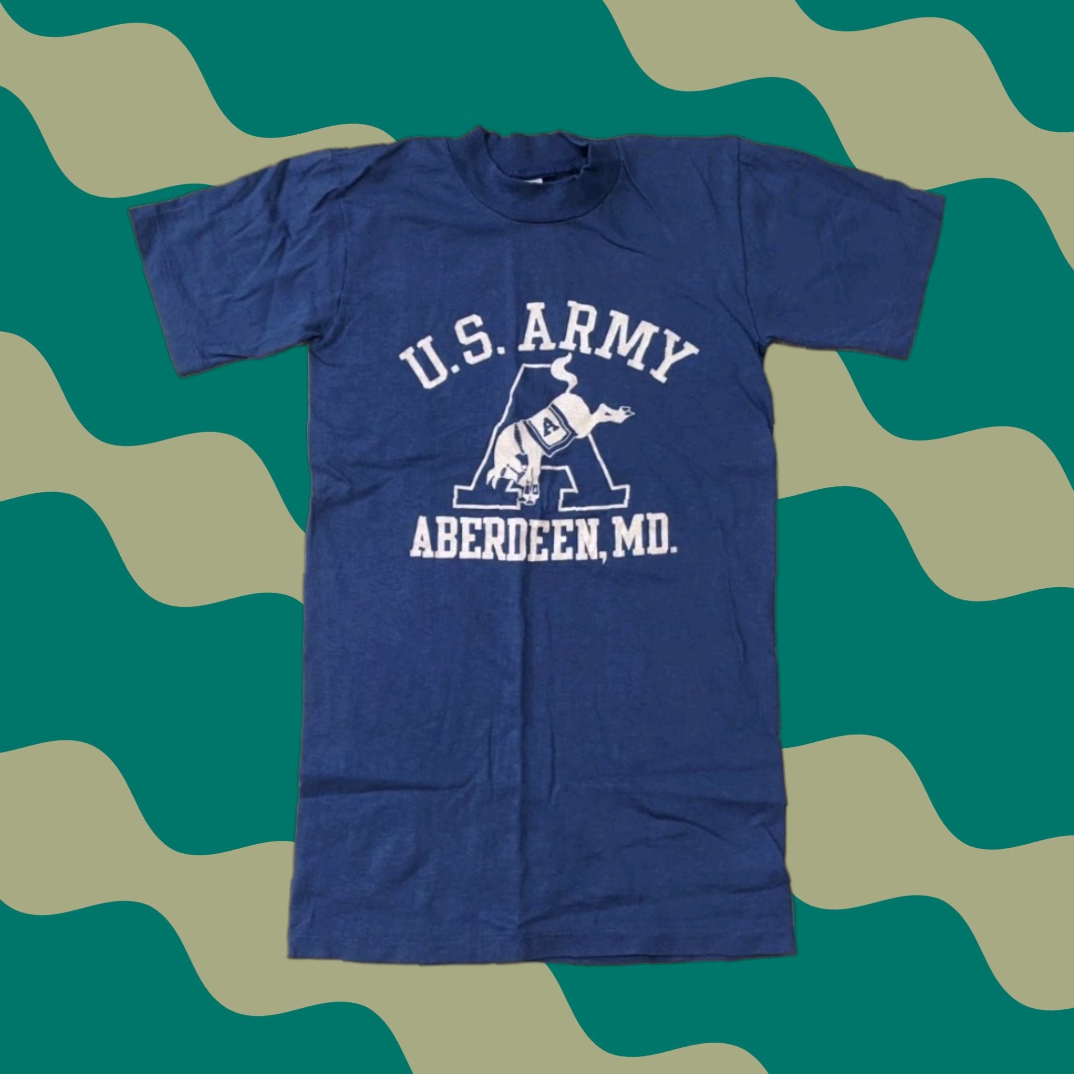 Vintage Artex T Shirt Aberdeen Us Army 70s Flocked Crew Neck Short Sleeve Small Blue Unisex