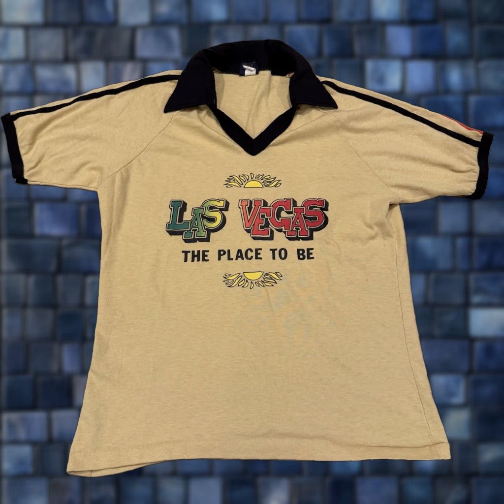 Anvil Vintage Las Vegas 70s Collared Ringer Tee Tshirt Mens Large Beige Anvil T Shirt Rare True Vint