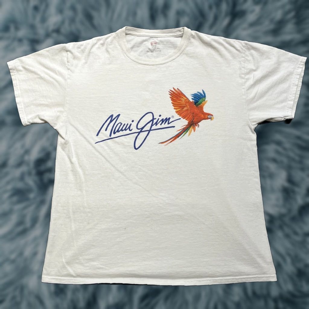 Hanes Vintage Maui Jim Shirt Mens Large White Blue Sunglasses Bird Logo Tropical Vacation Tee
