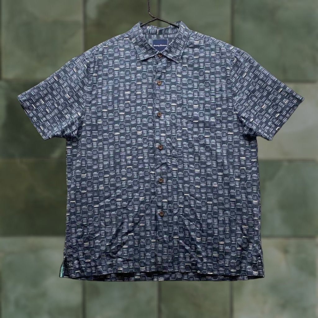 Bahama Tommy Bahama Silk Hawaiian Shirt Mens Large L Blue Geometric All Over Tropical