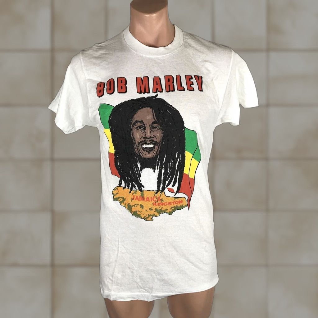 Vintage Bob Marley Rastafari Kingston T Shirt Kingston Puffy Print Men S L White 1970s 1980s