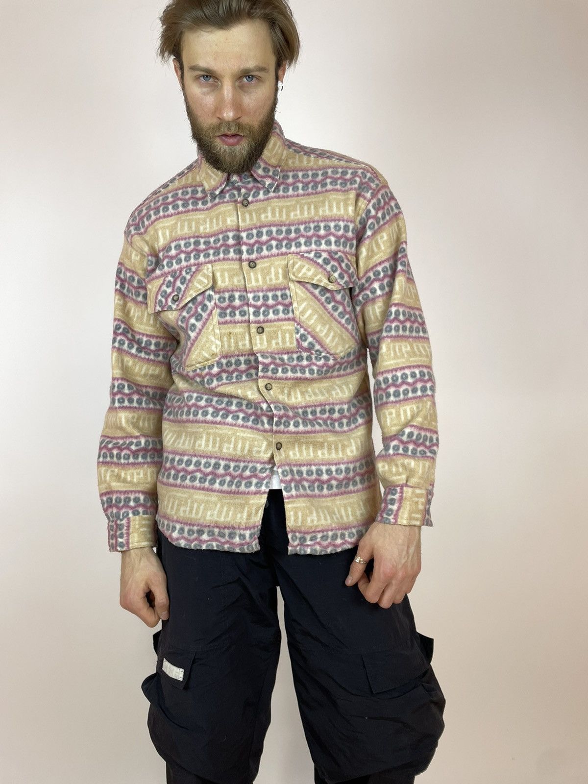 Vintage Aztec Fleece Shirt Long Sleeve Crazy Multicolour