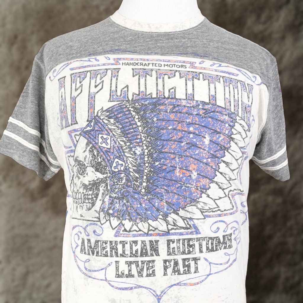Affliction Shirt Unisex Adults T Shirt Sz L Regular Short Sleeve White Grey Live Fast 90s