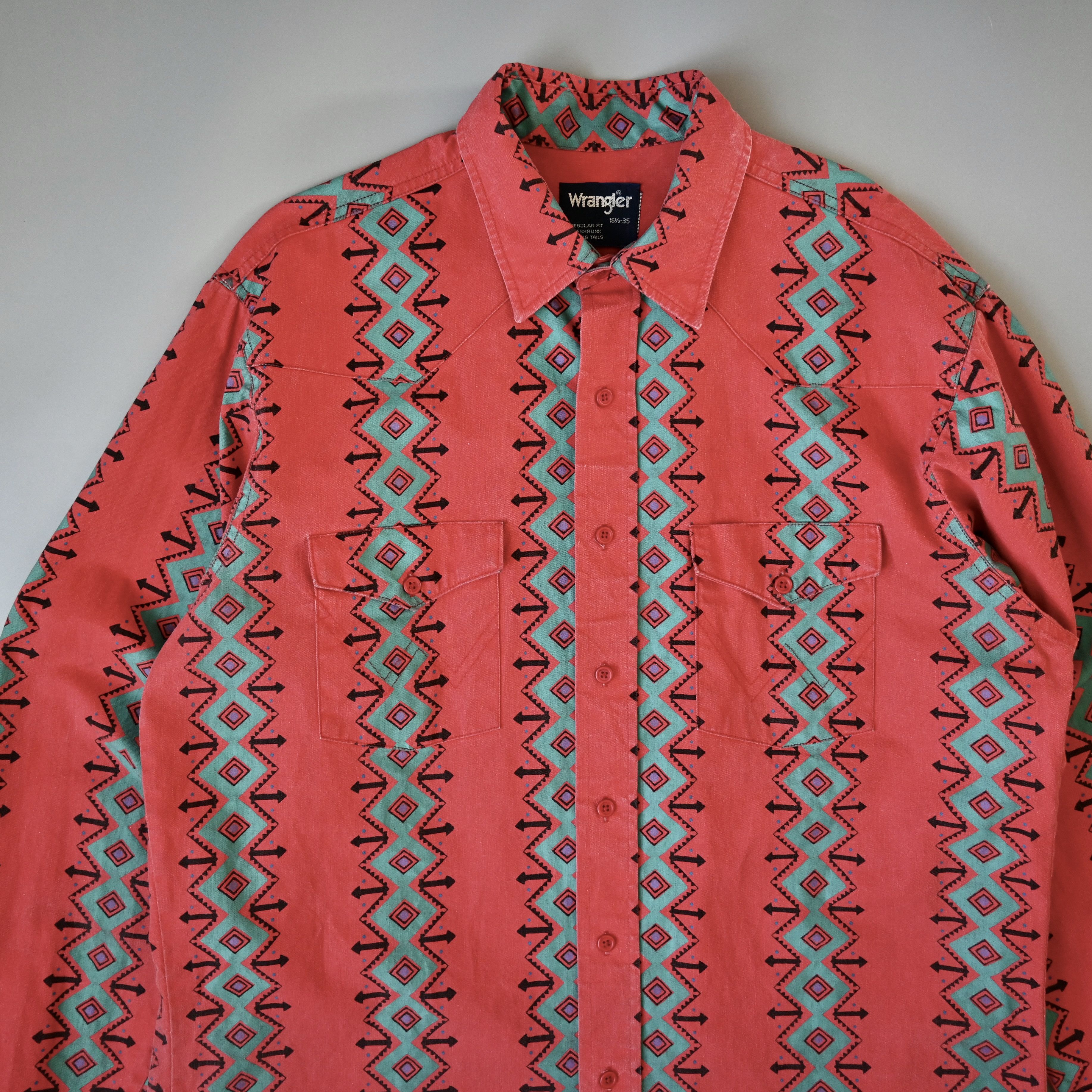 Vintage Vtg Wrangler Brushpopper Shirt Aztec Navajo Poppy Red 16 5