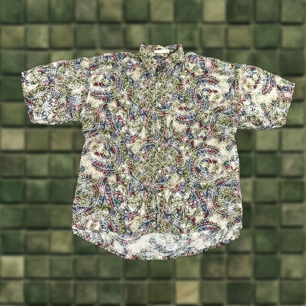 Ellis Vintage Perry Ellis Hawaiian Shirt Mens Large Green Red Blue Abstract Print 90s Tropical