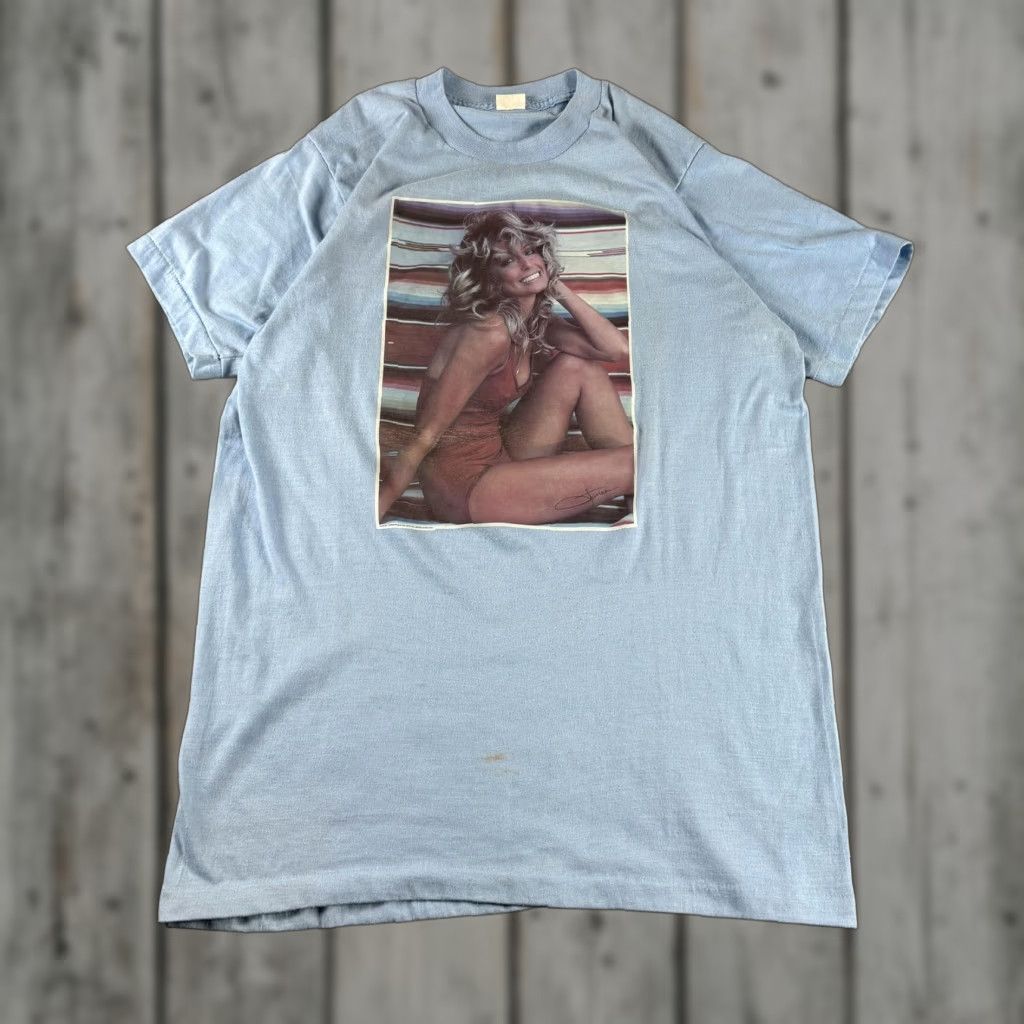 Farah Vintage Farrah Fawcett Shirt Mens Large Light Blue Made Usa 1976 Pinup 70s Pro Arts T Shirt Gr