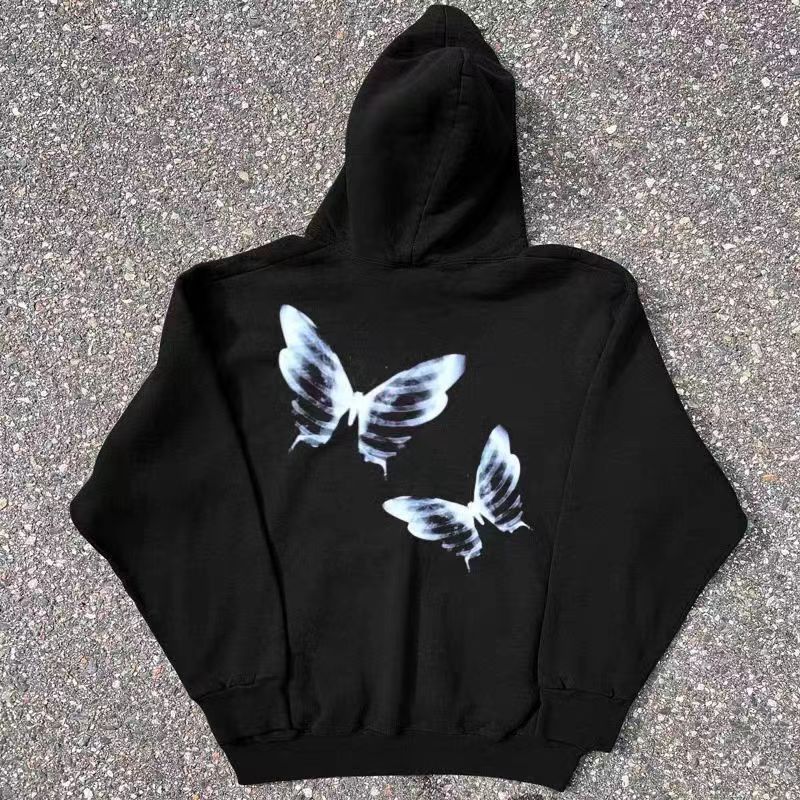 Japanese Brand Hip Hop Diablo Style Butterfly Print Xl Hooded Sweatshirt