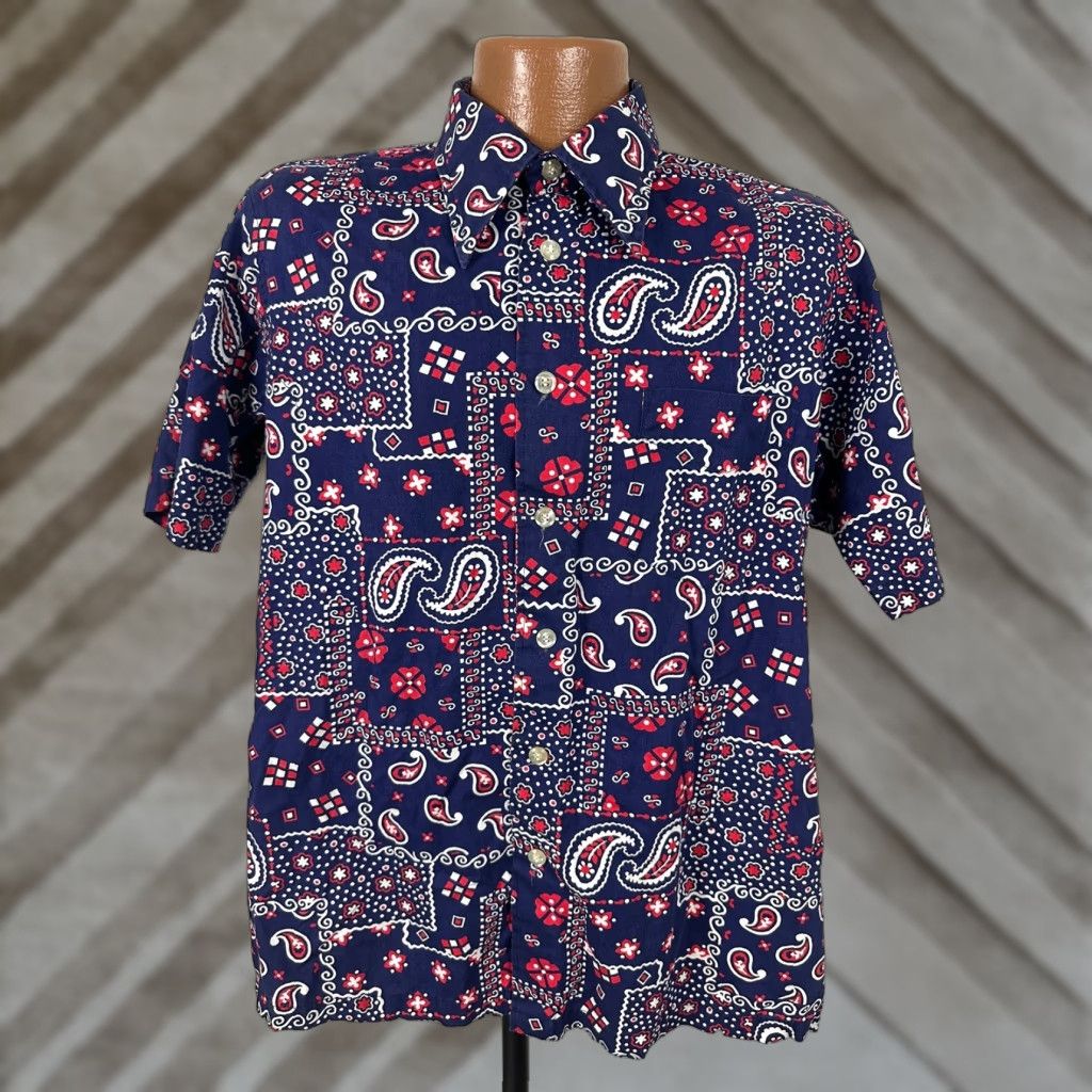 Vintage Davison S Bandana Shirt Men M Blue Paisley Dagger Collar 70s Casual Shirt Adult Medi