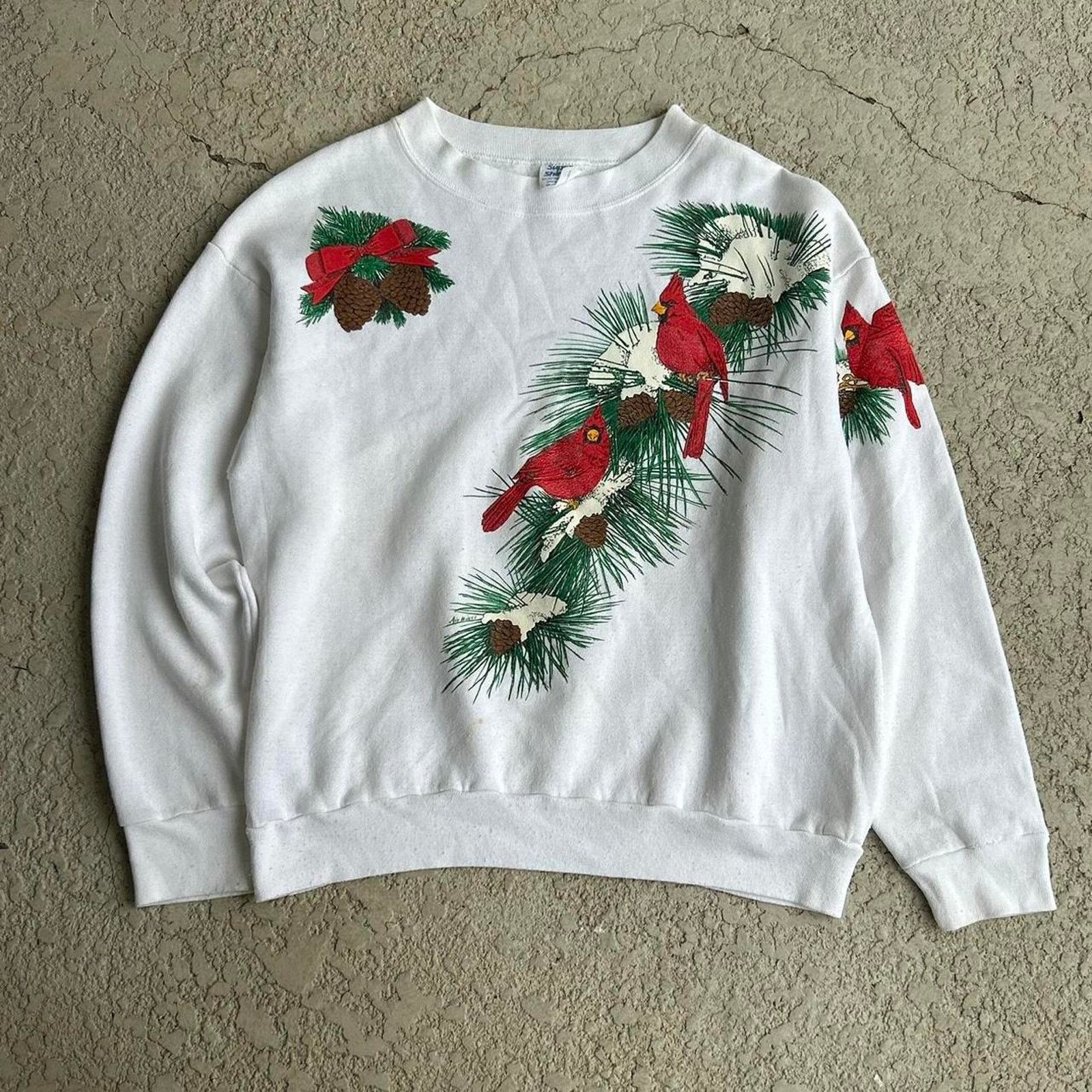 Vintage 90s Winter Cardinals Pine Tree White Crewneck Sweater Sz M T-Shirts, Hoodie, Sweatshirt | FlexRushtees.com