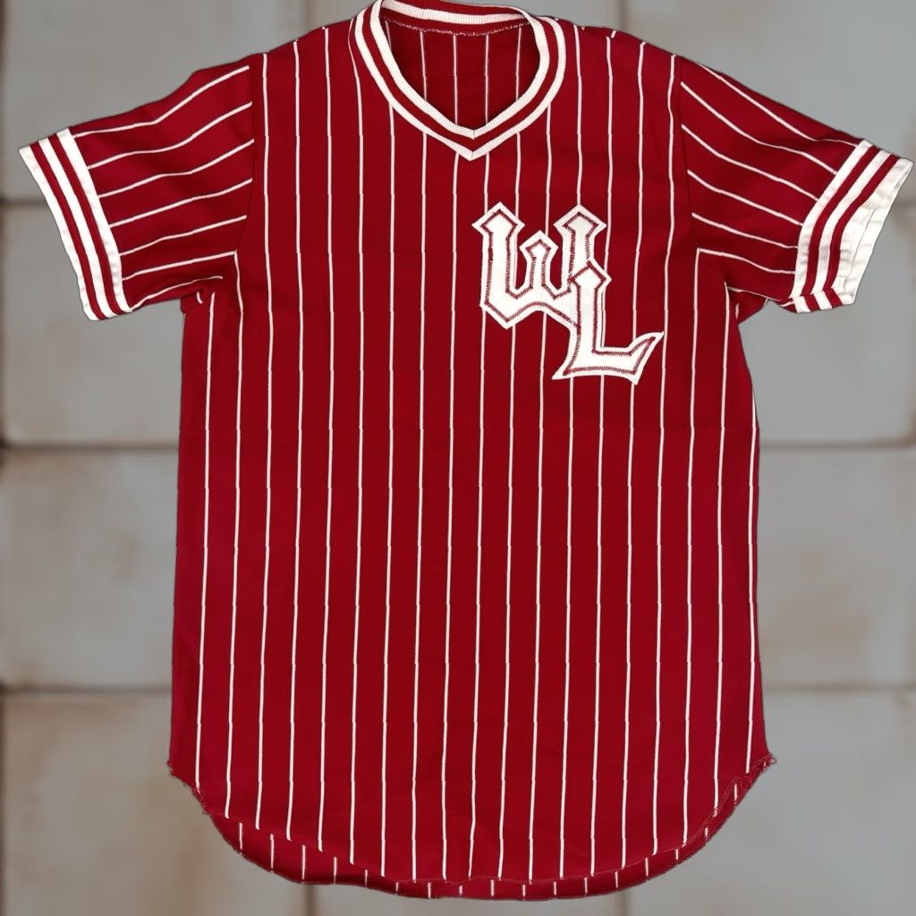 Vintage Baseball Jersey Men L Red 70s 80s Pinstripe High School Jersey Short Sleeve Polyeste