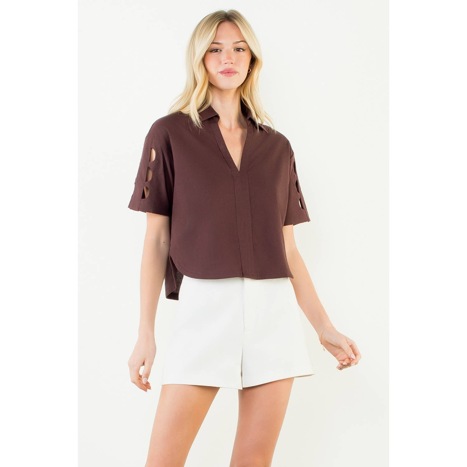 Short Sleeve V-Neck Cutout Top