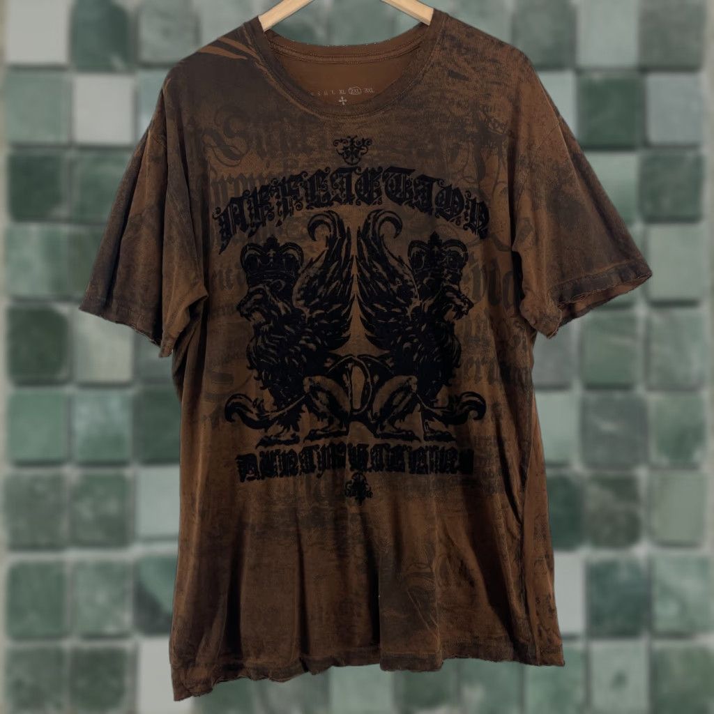 Affliction Shirt Mens 2xl Guardian Lion Grunge Tribal Tee Cotton Brown Shirt