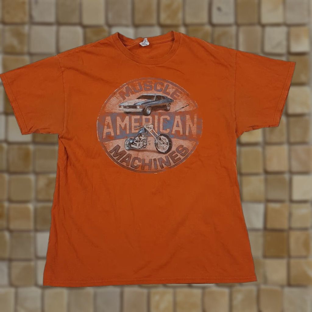 Vintage Gildan Men S T Shirt 90s American Muscle Cars Biker Orange Cotton Large Retro Graphic Hoodie, Sweatshirt