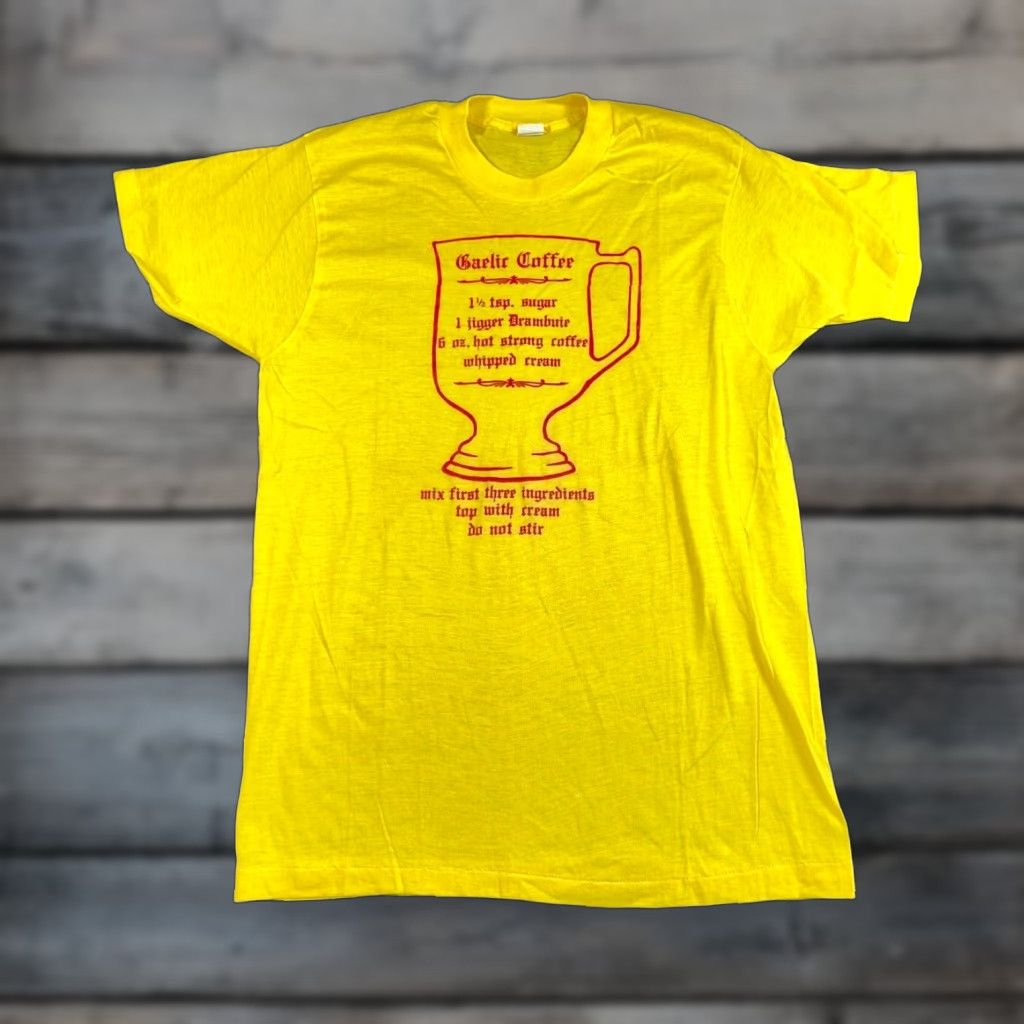 Vtg Vintage 80s Screen Stars Gaelic Coffee Recipe T Shirt Adult Medium Xl Tag Yellow