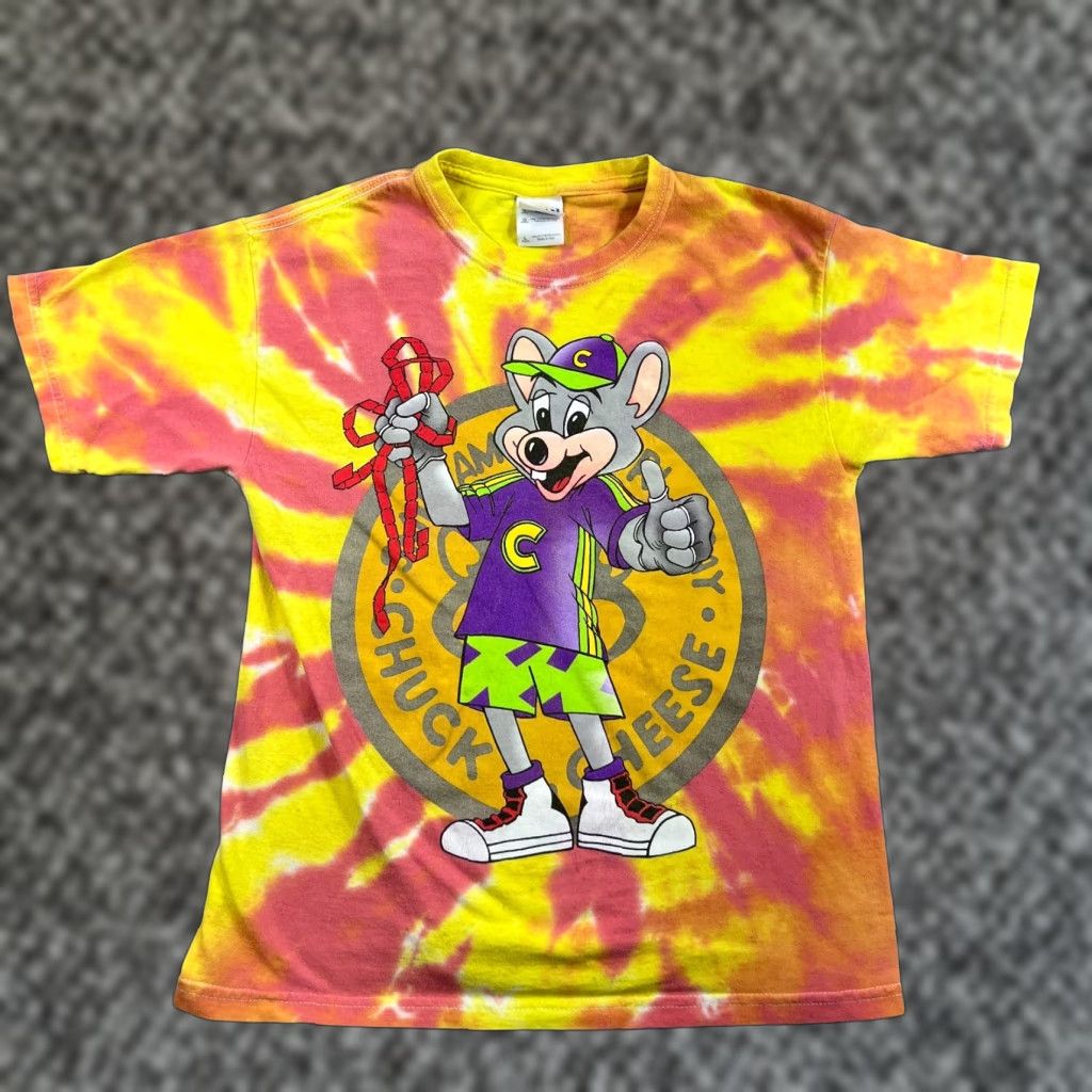Vintage Chuck E Cheese S T Shirt Youth Large Crew Neck Graphic Print Tie Dye Green 90s Pizza