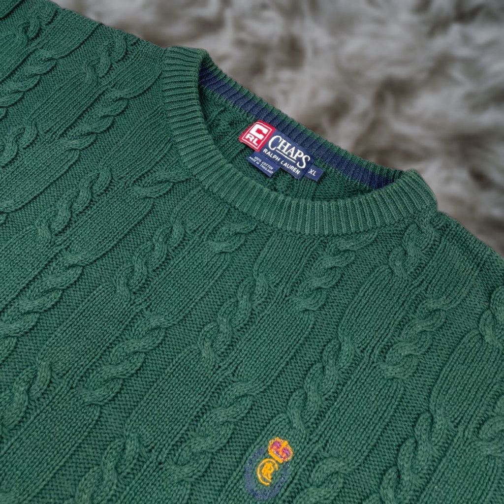 Chaps Vintage Ralph Lauren Chaps Sweater Cable Knit Crew Neck Men Xl Green 100 Cotton Pullover Knit