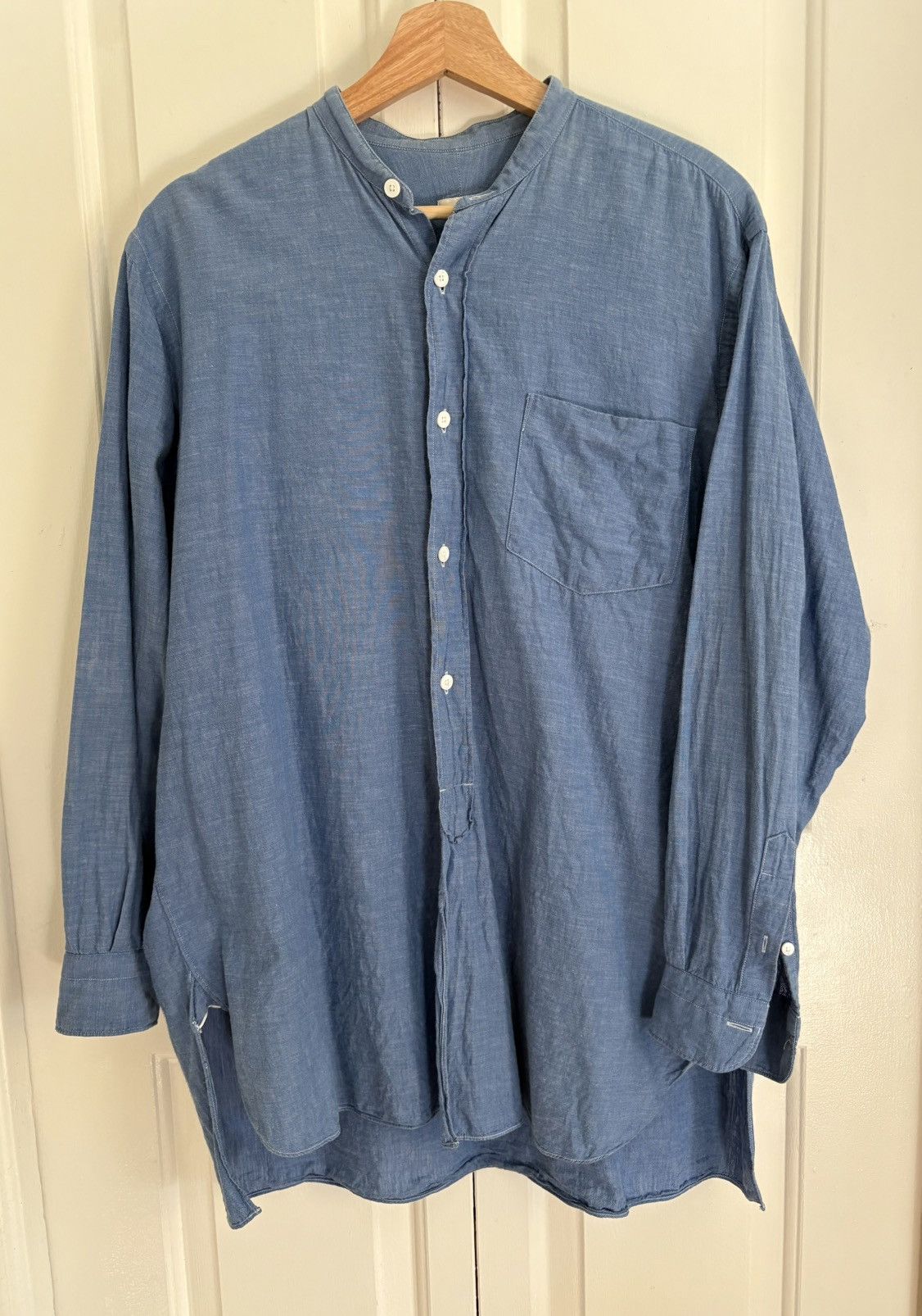 Comoli Chambray Band Collar Oversized Shirt Hoodie, Sweatshirt | FlexRushtees.com