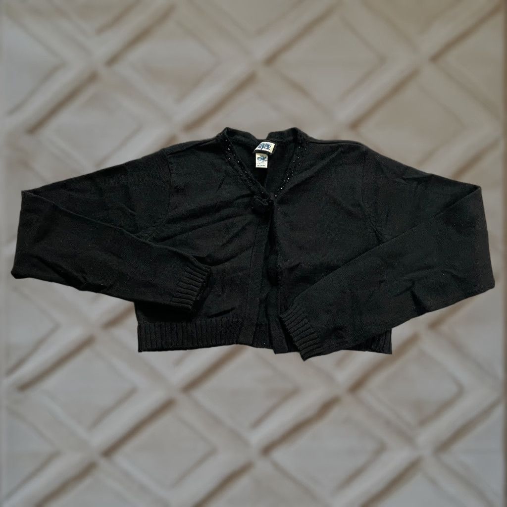 Vintage The Children S Place Girls Cardigan Sweater Kids Large Black Knit Beaded Bow Autumn