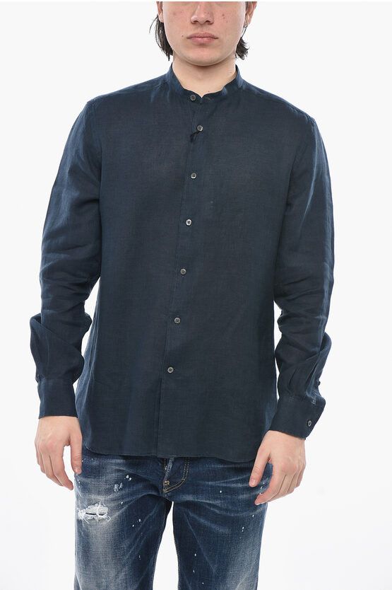Corneliani Circle Solid Linen Shirt With Korean Collar Hoodie, Sweatshirt | FlexRushtees.com