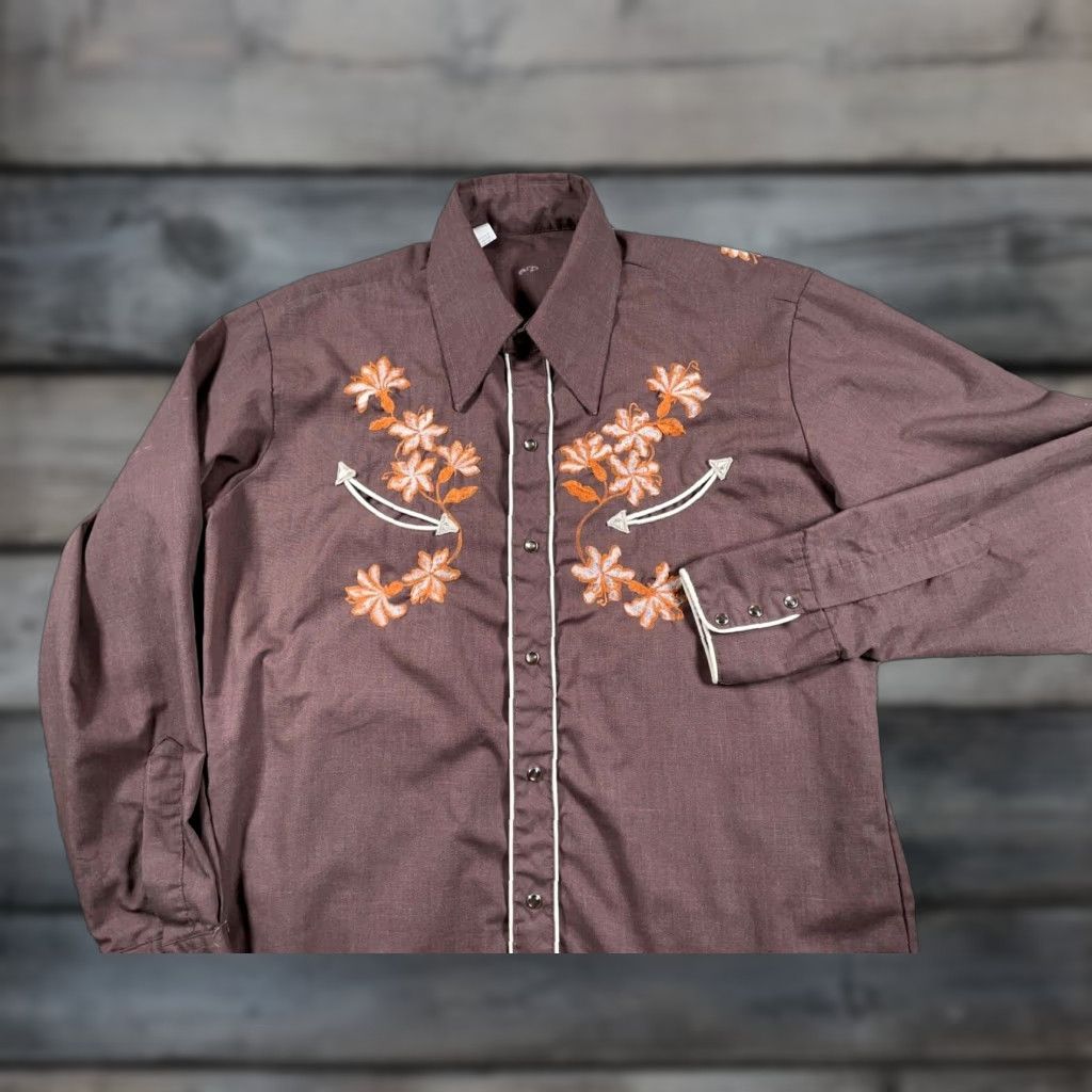 Vintage Vtg 70s Western Shirt Adult 16 5 34 Brown Orange Floral Embroidery Usa Made