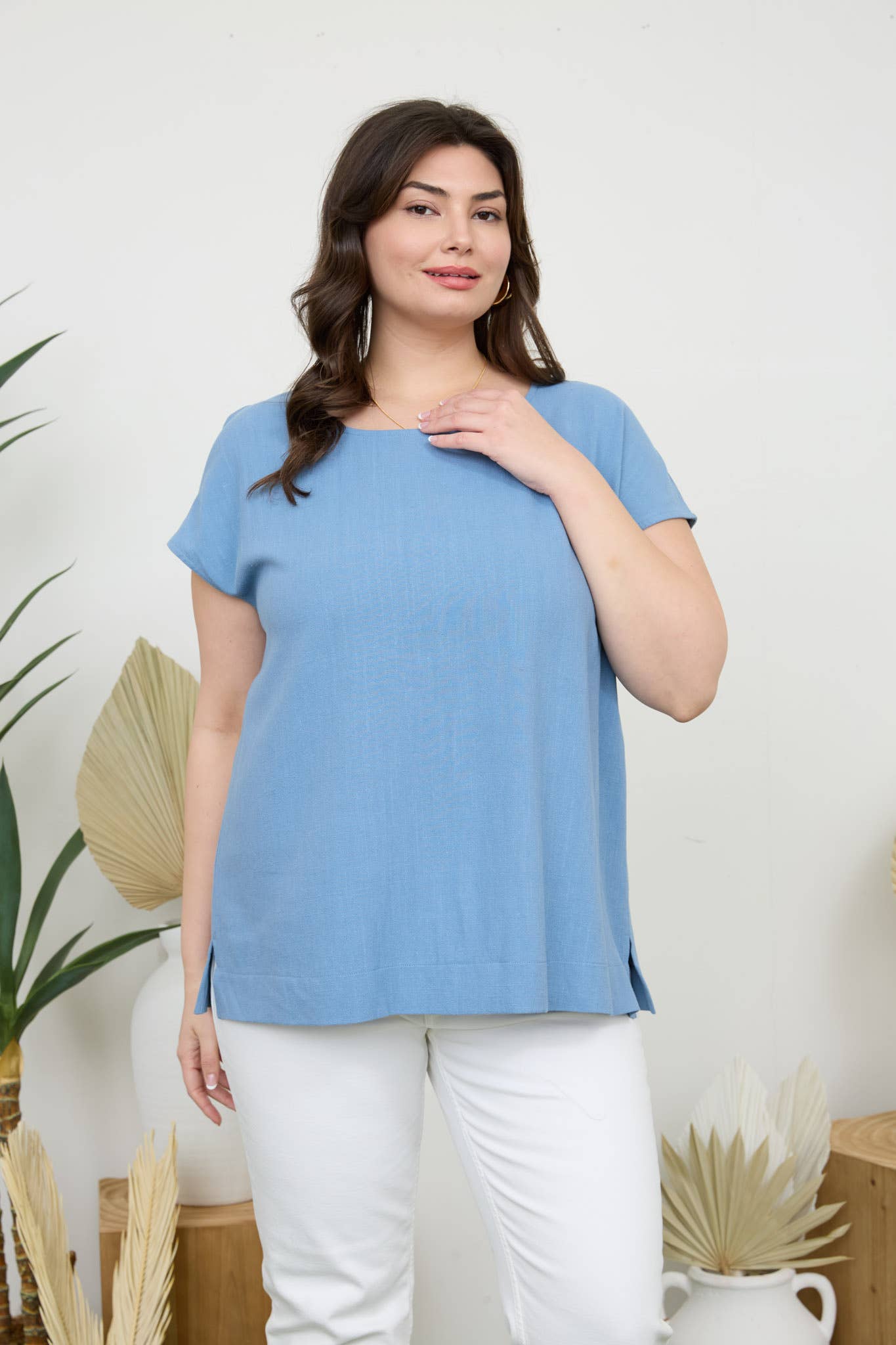 Plus Round Neck Short Sleeve Linen Blouse