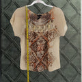 Vintage Fang Blouse Shirt Beige Geometric Print Lace Trim Sheer Bohemian Aztec Top Cap Sleeve Scoop
