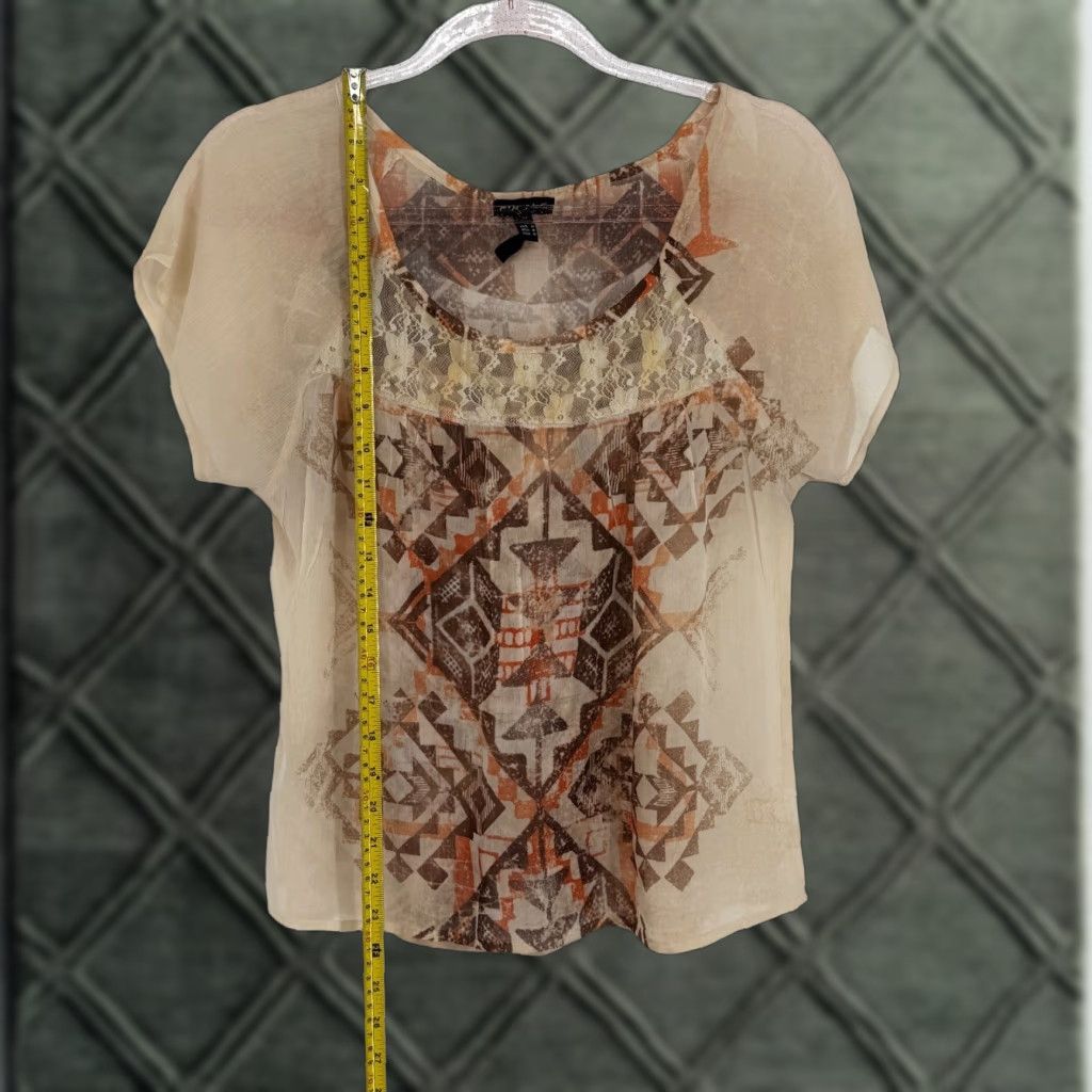 Vintage Fang Blouse Shirt Beige Geometric Print Lace Trim Sheer Bohemian Aztec Top Cap Sleeve Scoop