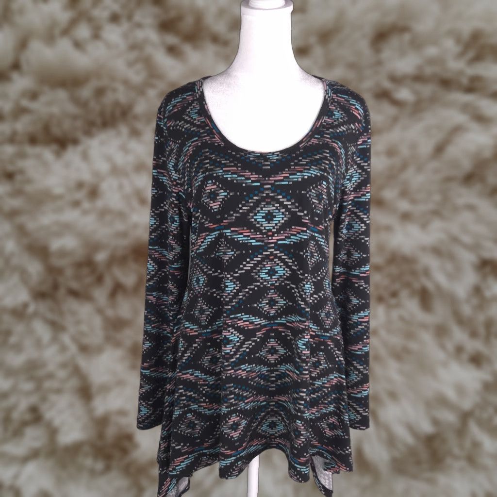 Vintage Karen Kane Top Womens L Black Geometric Asymmetric Long Sleeve Tee Aztec Bohemian Re