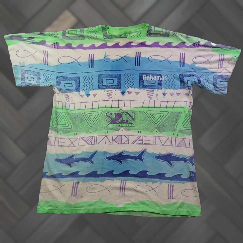 Triangl Vintage Sun Triangle Geometric Crew Neck Short Sleeve T Shirt 80s Men Xl Green 100 Cotton Ba