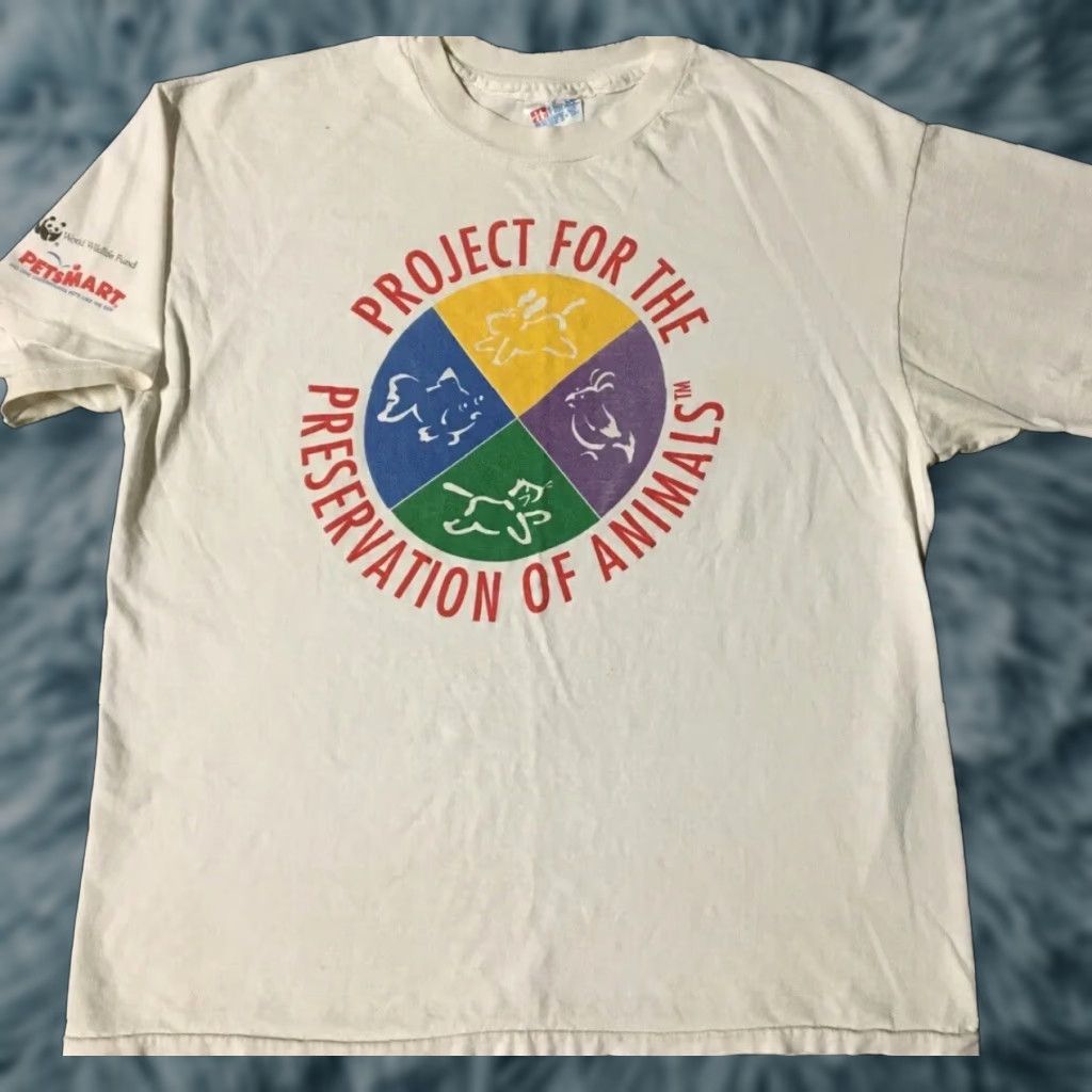 Vintage 90s Project For The Preservation Of Animals T Shirt M White Distressed Grunge Hip Ho Hoodie, Sweatshirt